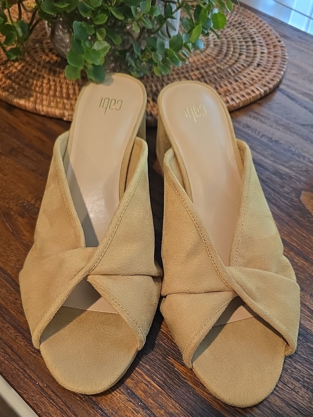 CAbi Suede Crisscross Slide Mules in Light Tan